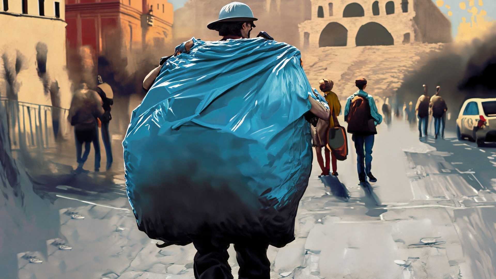 Firefly following someone holding a big garbage bag on their back closely in rome 12820